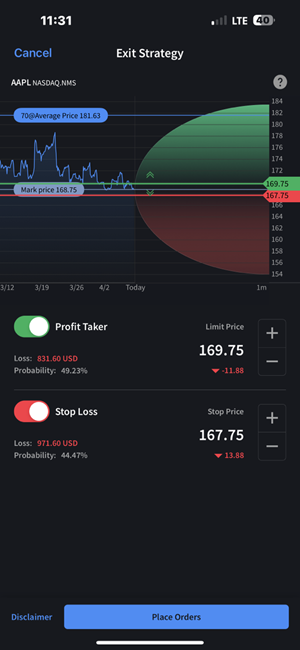 The exist strategy panel on the iPhone. 